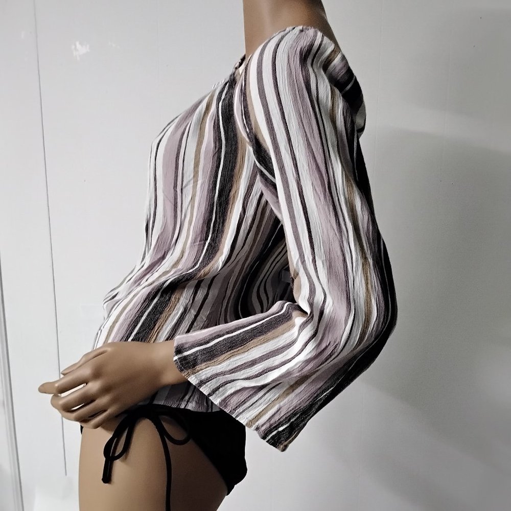 Aeropostale Women Top Long Sleeve Size M Relax Purple White Vertical Stripped *4
